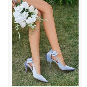 Size 37 US 6.5 | Blue Satin Pointed Toe Bow Heel Wedding Pumps Coquette Ballet